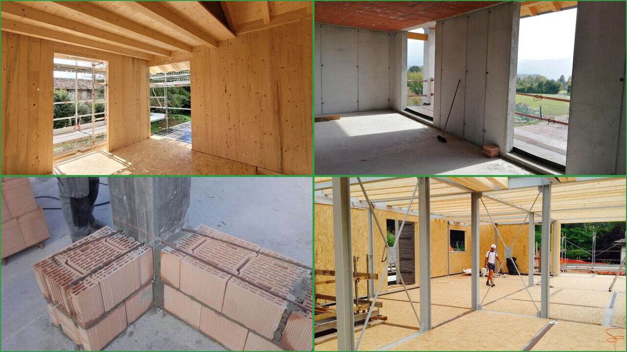 Quattro sistemi costruttivi a confronto: struttura in legno, setti in cemento armato, tamponamento in laterizio e struttura in acciaio-legno — foto reali dai cantieri di De Battista srl nel Bellunese