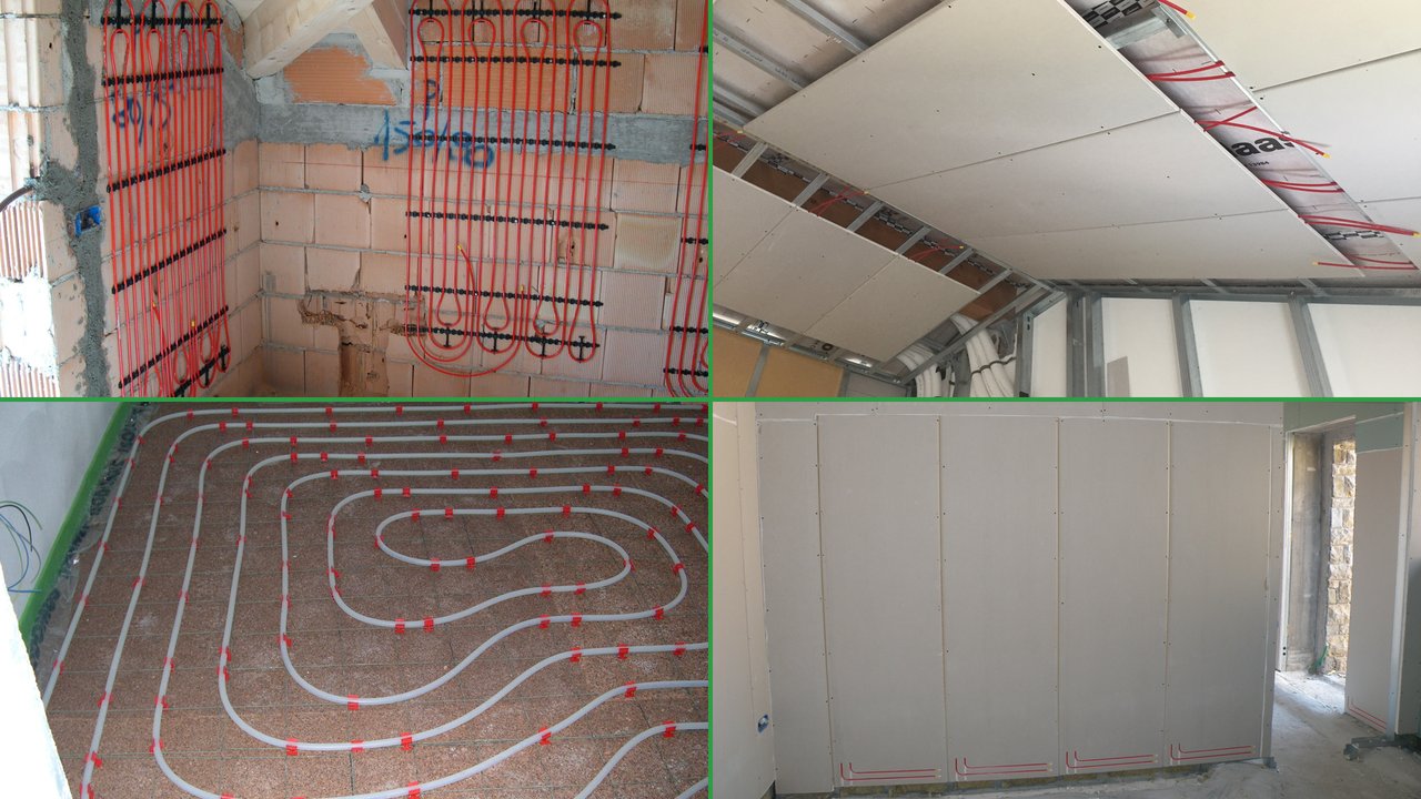 Quattro sistemi di riscaldamento radiante a bassa temperatura: a parete su laterizio, a soffitto su pannelli in cartongesso, a pavimento su sughero e a parete in cartongesso con collegamenti a vista.