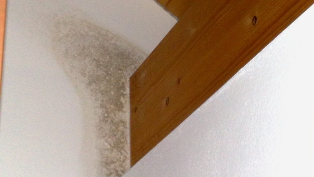 Muffa da condensa nell’angolo tra trave in legno e parete interna — esempio di ponte termico in una casa non isolata