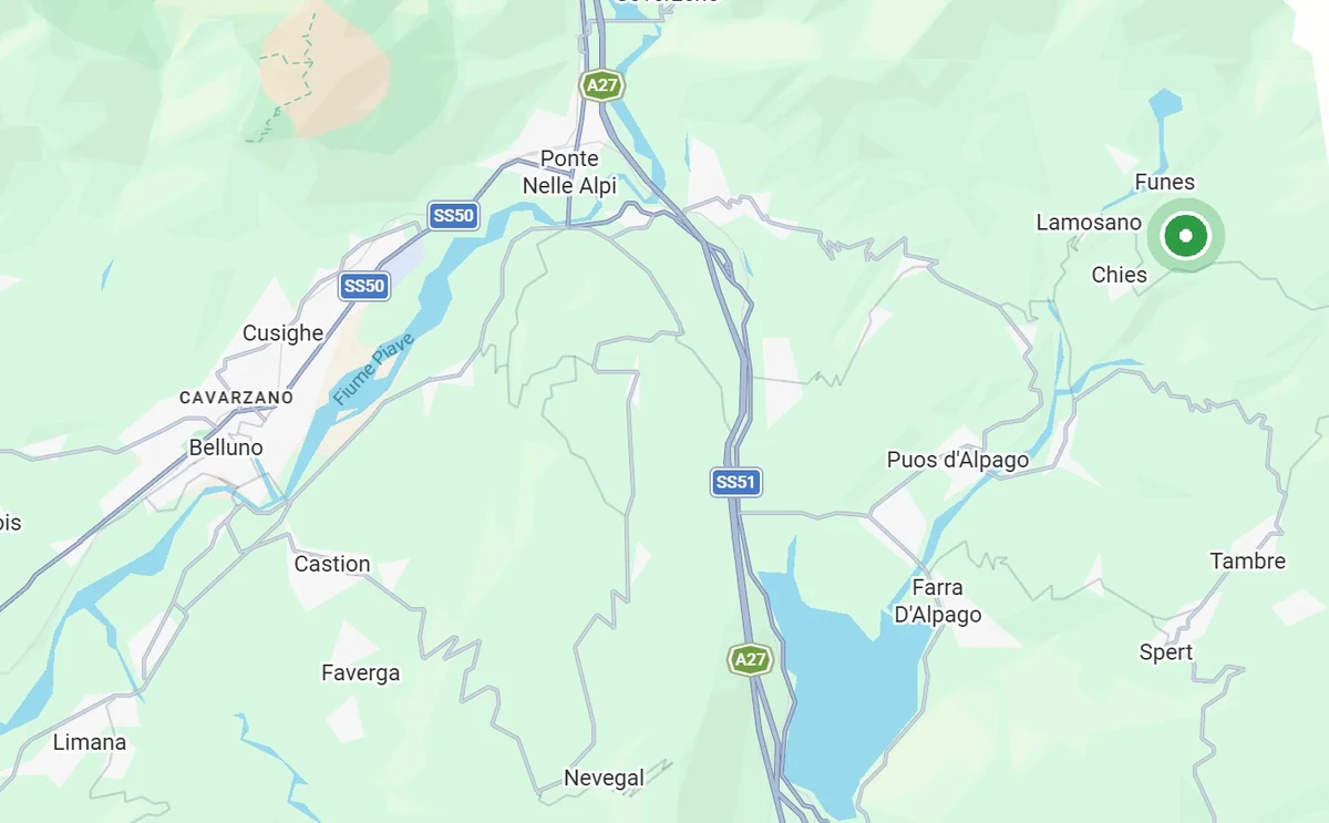 Mappa della zona di Acciaio, legno e aria a Irrighe di Chies d'Alpago, in provincia di Belluno