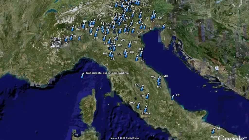 Mappa d'Italia del 28 agosto 2008 con i Consulenti CasaClima segnati su tutto il territorio; in provincia di Belluno un solo segnaposto