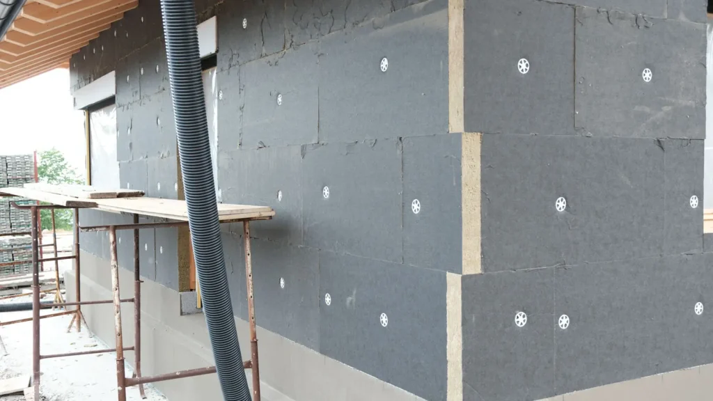 Isolante esterno in pannelli di lana di roccia con facciale scuro, fissati con tasselli a fungo.