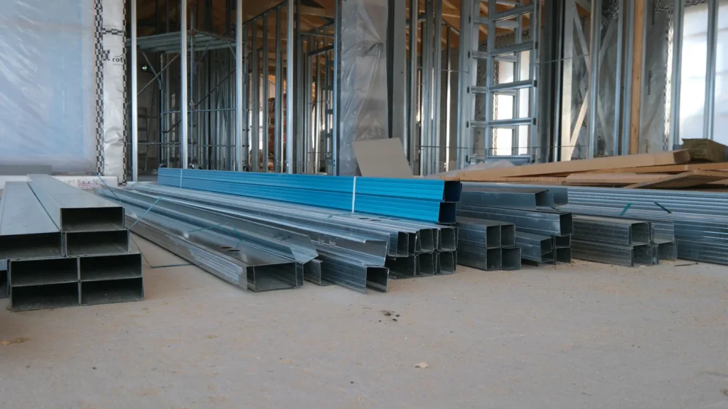 Fasci di profili in acciaio zincato accatastati sul pavimento di un cantiere.