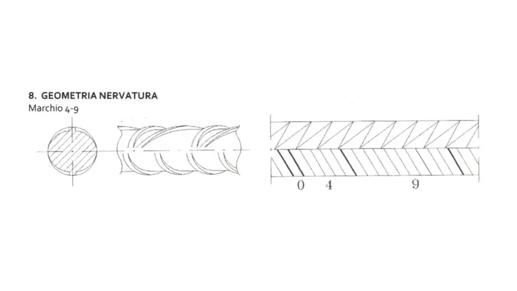 Particolare della scheda tecnica con il disegno della geometria delle nervature e la dicitura Marchio 4-9.